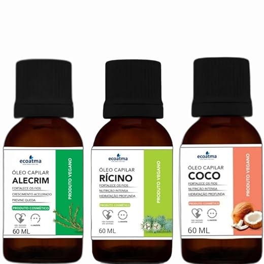 Kit Óleos Capilares Naturais, Rícino, Coco e Alecrim, 60ml cada, Fortalecimento e Hidratação Profunda