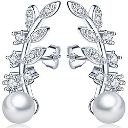 Pendientes Aros Agatha Paris Infinito U- Pendientes Trepadores de Plata 925 Forma de Hoja Brillante con 6 mm Perla Studs para Mujeres Chicas