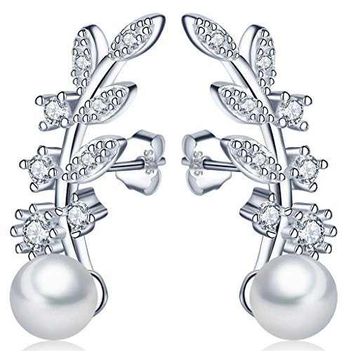 Infinito U- Pendientes Trepadores de Plata 925 Forma de Hoja Brillante con 6 mm Perla Studs...