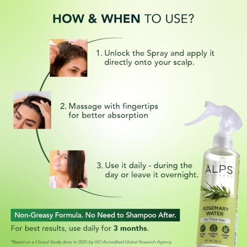 Image of Alps Goodness Rosemary Water Spray for Hair Growth (250ml) | Clinically Proven (In Vivo Tested) to Reduce Hair Fall & Promote Regrowth | 100% Natural Rosemary Extract | Leave-On Scalp & Hair Spray For Men & Women