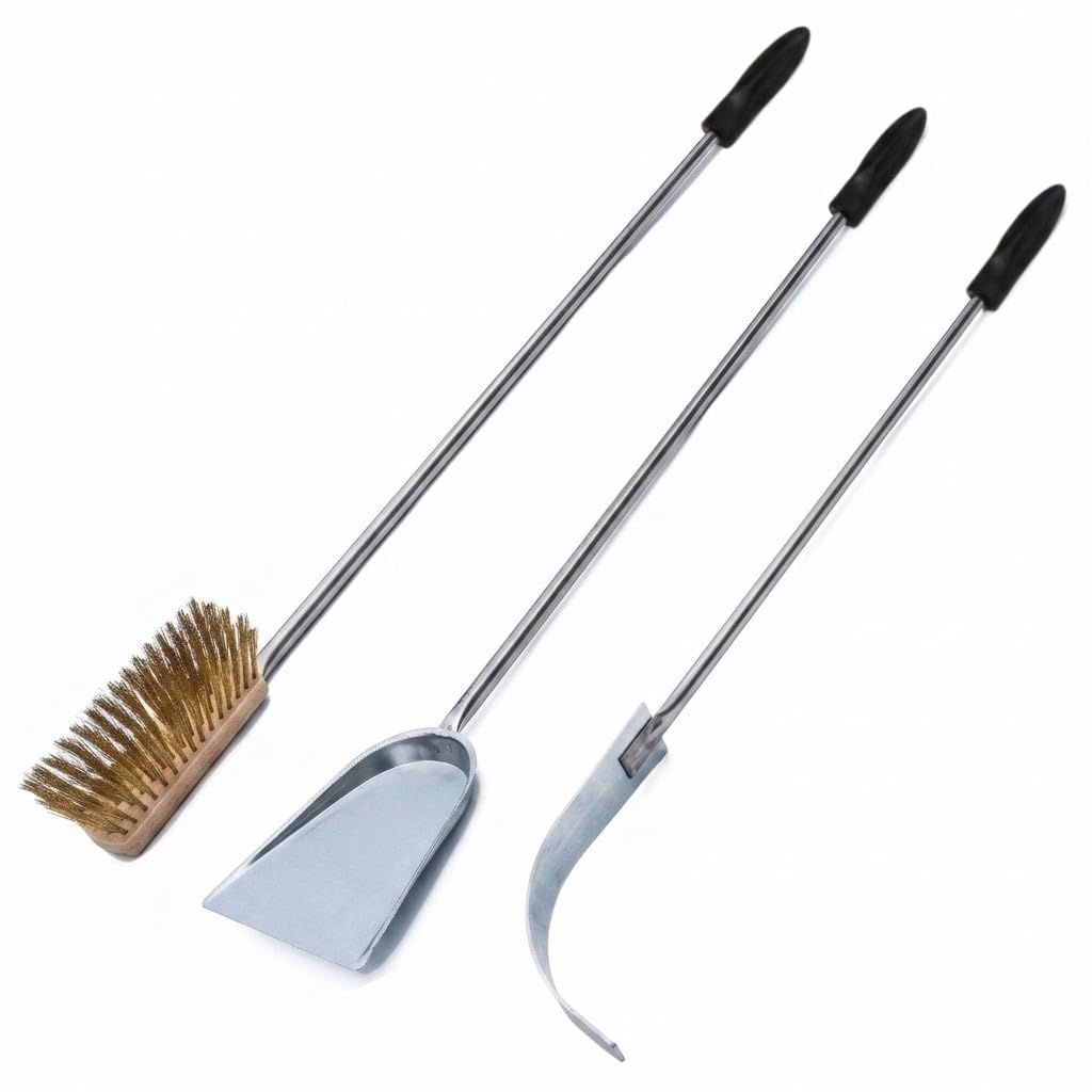 GIEMME Set Accessoires Four Acier INOX avec Brosse et Pelle à Cendres | Manche 113 cm; tête orientable; nettoie la sole; retire les résidus; idéal four à bois ou pizza
