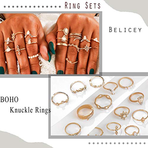 Belicey 20210512 17Pcs Knuckle Stacking Rings Set For Women Gold Crystal Rhinestone Finger Statement Ring Sets Vintage Joint Knot Mid Rings thumb #3