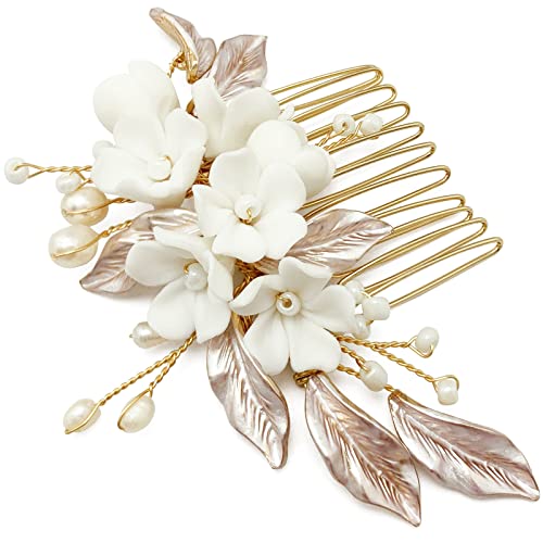 Prettylife Flower Bridal Hair Pieces With Comb Pearl Leaf White Floral Wedding Hair Pin Accessories For Women And Girls #TOP4