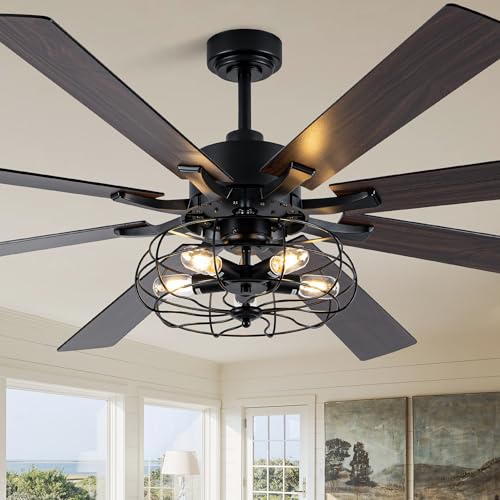Image of 72 Inch Ceiling Fans with Lights Black Farmhouse Ceiling Fan with Remote for Living Room Large Caged Chandelier Fan 5*E26 Bulbs 6 Speed Reversible Quiet DC Motor Wood Blades (NO Bulbs)