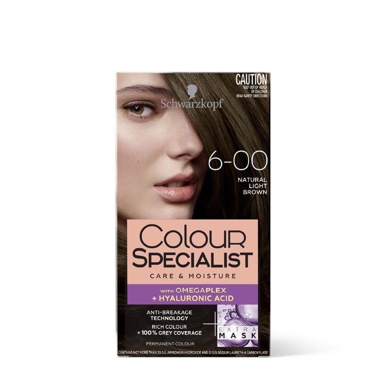 Image of Schwarzkopf Colour Specialist At Home Permanent Hair Colour With Omegaplex Anti-Breakage Technology And Hyaluronic Acid With 2 After Colour Repair Masks For Softer Hair, 6.0 Natural Light Brown, 165ml