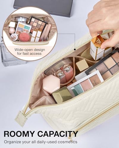 Image of BAGSMART Travel Makeup Bag, Cosmetic Bag Small Make Up Organizer Case,Wide-open Pouch for Women Purse for Toiletries Accessories Brushes,Small Beige