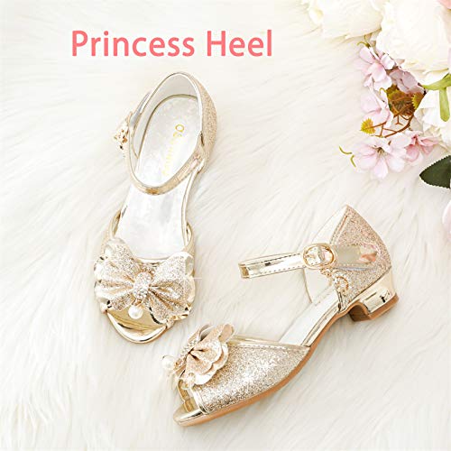 Osinnme Wedding Sandals For Girls Low Heel Sequin Princess Cute Toddler Light Gold Heeled Sandals For Girls Size 13 For Wedding Princess (Gold 13) #TOP3