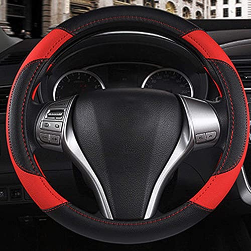 Image of Leather Car Steering Wheel Cover, Non-Slip Car Wheel Cover Protector Breathable Microfiber Leather Universal Fit for Most Cars (Black & Red)