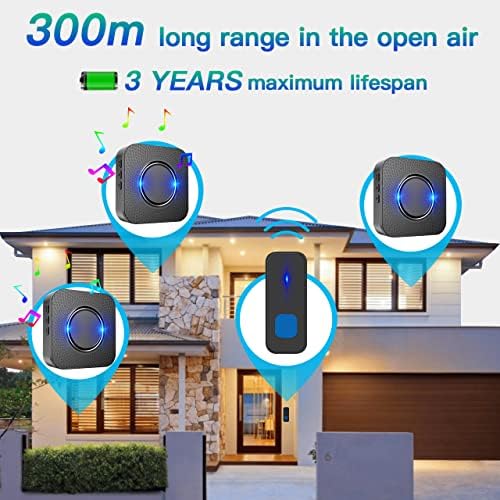 PewinGo Wireless Doorbell, Cordless Door Bells 300m Long Range with IP55 Waterproof, 55 Tunes, 5-Level Adjustable Volume & Blue Light Indicator-Wall Plug-in Speaker, Battery Operated Button-Black