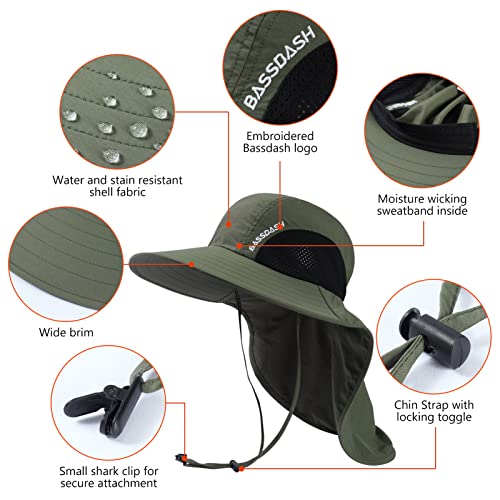 Image of BASSDASH UPF 50+ Unisex Water Resistant Wide Brim Sun Hat with Large Neck Flap Ponytail Fishing Hat for Men Women