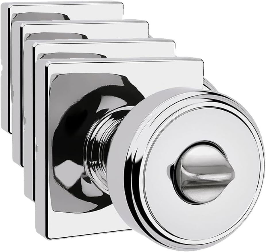 Kwikset Maven Interior Privacy Door Knob with Lock, Square Door Handle for Bathroom and Bedroom, Polished Chrome Keyless Turn Lock Doorknob, with Microban Protection (Pack of 4)
