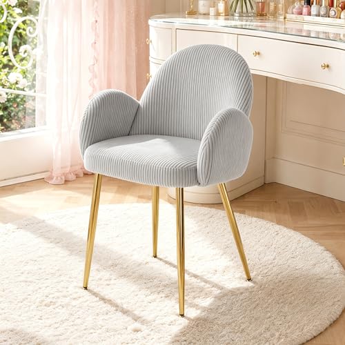 Image of Eifizek Home Office Desk Chair no Wheels, Modern Corduroy Upholstered Vanity Chair with Gold Legs for Girls Women, Ergonomic Padded Backrest for Living Room Bedroom, Grey