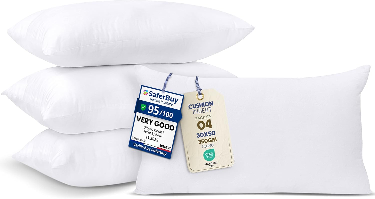 Utopia Bedding Cushion Inserts 30cm x 50cm (12x20 inch) Pack of 4 Hollowfibre Inner Pads for Sofa or Bed – White Cushions Fillers