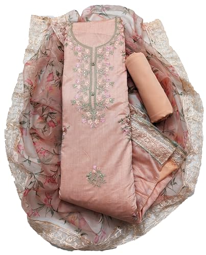Image of Rubani Women's Heavy Chanderi Cotton Embroidery Work Unstitched Salwar Suit Dress Material With Organza Printed Dupatta(Free Size)