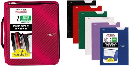 Five Star Carpeta con cremallera, carpeta de 3 anillos de 2 pulgadas, archivo expandible de 6 bolsillos, capacidad de 380 hojas, rojo (72538) y
