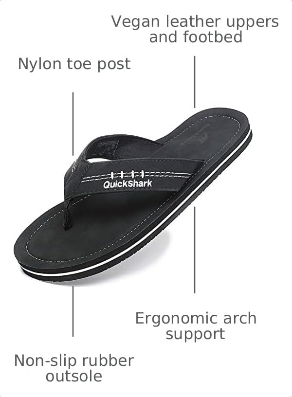 Image of Quickshark Mens Flip Flops Leather Thong Sandals Arch Support Beach Slippers