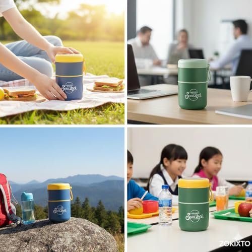 Image of 780ml Stainless Steel Lunch Box with Spoon, Handle, Leak Proof Small Container for Snack, Diet & Prep Food, Stackable Stainless Steel 2 Tier Men's Lunchbox for Work (Green)