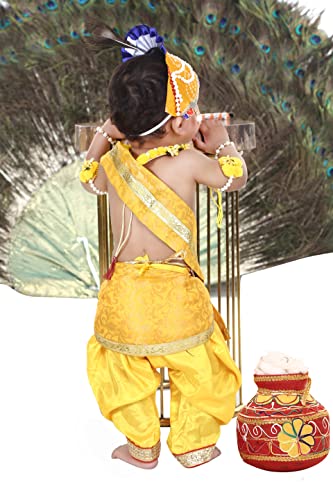 Image of Raj Fancy Dresses Shri Krishna Dress for Baby Boy & Girl, Janmashtmi Dress with Diaper-friendly Dhoti & Dupatta, Mor Pankh Mukut