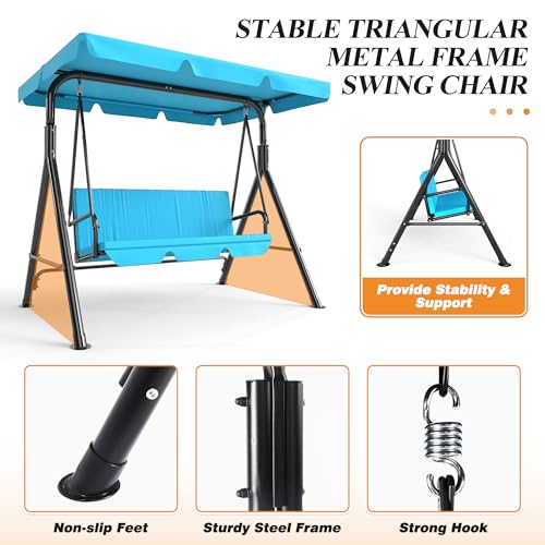 Image of GARTOO 3-Seat Patio Swing Chair, Outdoor Porch Swing with Adjustable Canopy and Durable Steel Frame for Patio, Garden, Poolside(Turquoise)