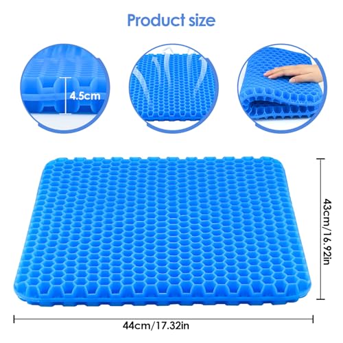 wiksite Gel-Sitzkissen, Wabendesign, doppelt dickes Gelkissen mit Stoffbezug, ergonomisches & kühles Sitzkissen für Zuhause, Büro, Stuhl, Auto, Rollstuhl, Sitzkissen, Blau - XL