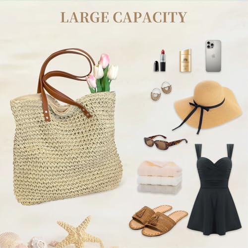 Image of Straw Beach Bags for Women - Woven Tote Bag Large Shoulder Handbags Summer Boho Straw Purse for Vacation