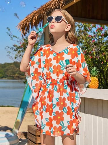 Image of Haloumoning Girls Chiffon Swim Beach Cover Up Kids Cute Elastic Waist Printed Bathing Suit Coverups 5-14 Years