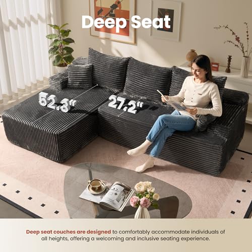 Image of ovios 96 inch Cloud Sectional Couch with L-Shape Chaise,Modern Modular Sofa with Deep Seat, Upholstered Couches for Living Room Bedroom,No Assembly Required, Grey (Plush Corduroy Fabric)