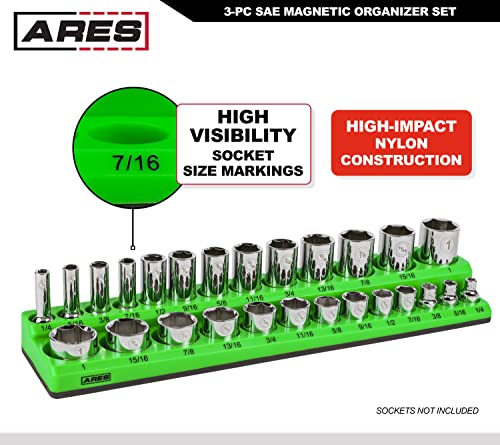 Image of ARES 60037 - 3-Piece SAE Magnetic Socket Organizers Set - GREEN - Includes 1 /4 in, 3 /8 in, 1 /2 in Socket Holders - Holds 68 Standard (Shallow) and Deep Sockets - Also Available in RED