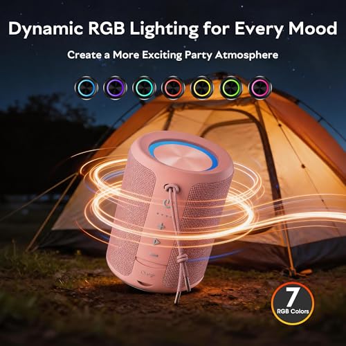 Image of Portable Bluetooth Speaker, IPX7 Waterproof Wireless Speaker with 20W Loud Stereo Sound, 15H Playtime & Beat-Synced RGB Light, Small Outdoor Speaker for Shower, Pool, Beach,Hiking,Gifts(Pink)