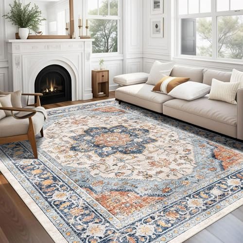 vivorug 4x6 Rug, Boho Small Area Rug for Living Room, Bedroom, Kitchen, Machine Washable Non-Slip Throw Rug, Vintage Floral Carpet for Entryway Nursery Coffee Table - Durable (Orange/Navy)