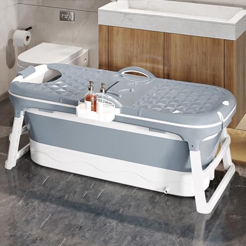 Bañera de plástico, bañera independiente plegable para adultos, 118 x 60 x 53 cm, portátil, con tapa y cesta de jabón, para baño y ducha (gris)