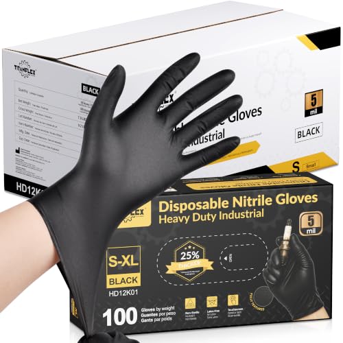 Image of TitanFlex Black Nitrile Disposable Gloves, 5 Mil, Fully Textured, Heavy Duty, Latex Free & Powder Free for Cooking, Food Prep, kitchen clean, 1000 ct (S)