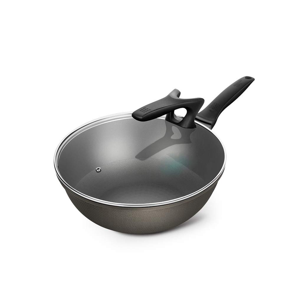 Wok in Lega di Alluminio con Supporto, Coperchio in Vetro, Wok Antiaderente Leggero per Saltare in Padella, Manico Ergonomico, AntiGraffio, 30 Cm