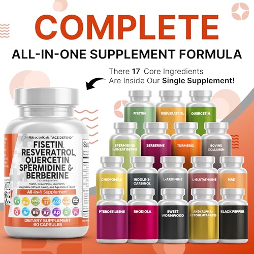 clean nutraceuticals fisetin quercetin resveratrol with spermidine wheat germ extract - health supplement for adults longevity with berberine collagen rhodiola apigenin
