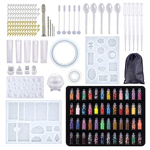 184Pcs Resin Jewelry Making Starter Kit Resin Jewelry Molds Tools Full Resin Kit,Silicone Molds for DIY Jewelry Pendant Craft Making Set Contain Resin Molds,Glitter Powder,Glitter Sequins and Tools
