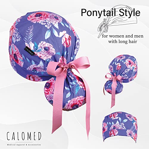 Image of Scrub Cap for Women and Men, Ponytail Scrub Caps, Working Hat, Head Cover with Ribbon Ties and Buttons, Long Hair