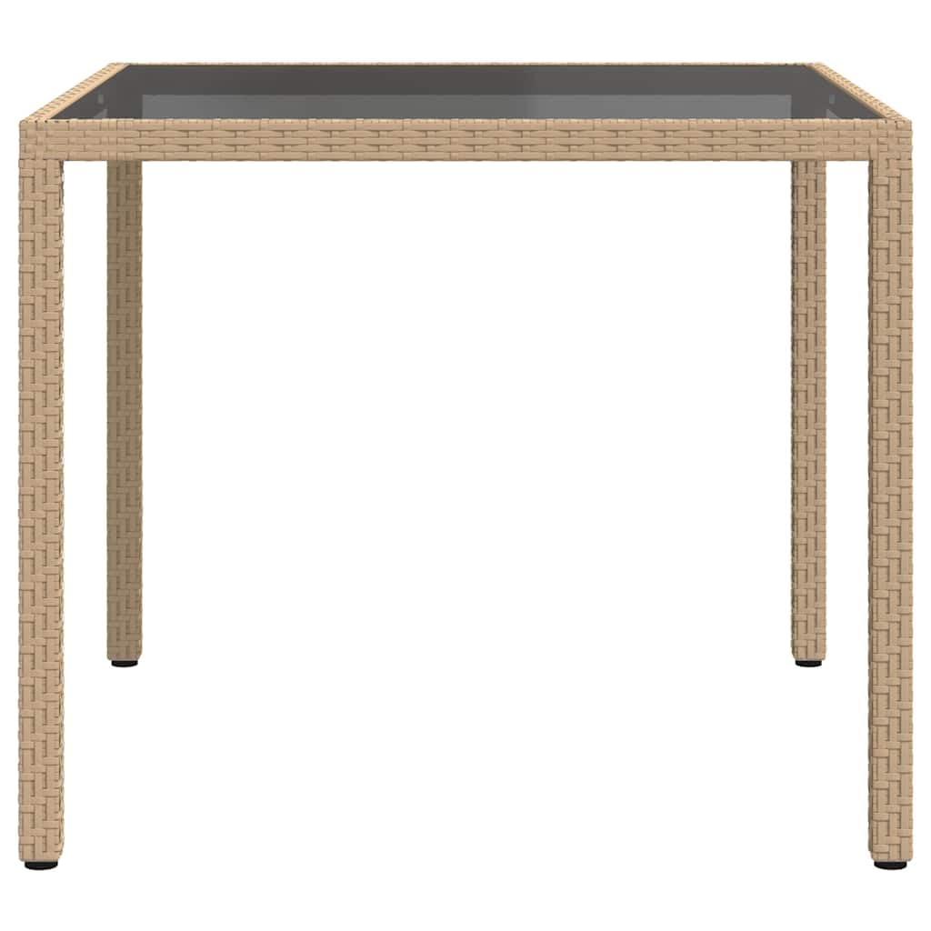 Mesa de jardín de 90 x 90 x 75 cm, cristal templado, polirratán, color beige, mesa de comedor para exterior, jardín, terraza, balcón
