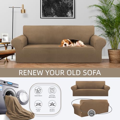 KEKUOU Stretch Sofa Cover Slipcover ,Couch Covers for 3 Cushion Couch Sofa pet Friendly (78"-94") Furniture Protector Sofa with Elastic Bottom for Kids,Dog, Jacquard Small Checked(Large,Camel)
