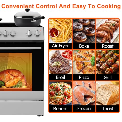 30-Inch Electric Freestanding Range with 5.0 Cu.Ft Convection Oven, 4 Burners - In Stainless Steel, Smooth Glass Top, Timer, High-Efficiency, Easy Reach Rack, Silver