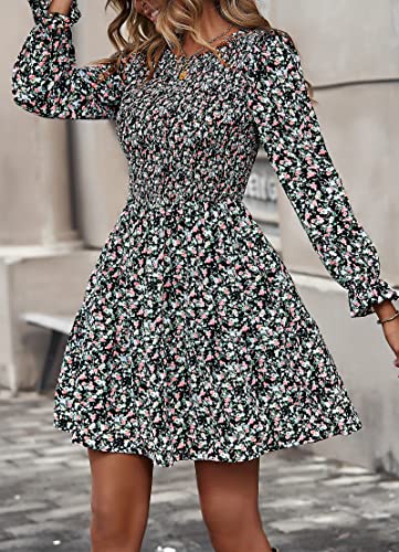 Image of KIRUNDO Long Sleeve Dress for Women 2025 Summer Fall Wedding Guest Smocked Floral Crewneck Ruffle A Line Flowy Mini Dress