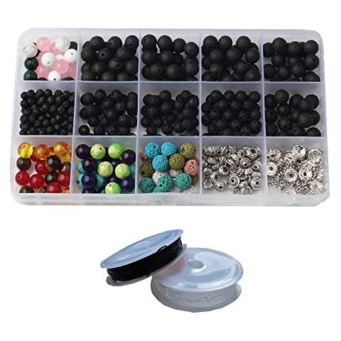 Kaptin 500Pcs Multicolor Lava Bead Kit + Gemstones Round Loose Beads with Crystal Elastic Cord for Essential Oil and Jewelry Making Cover