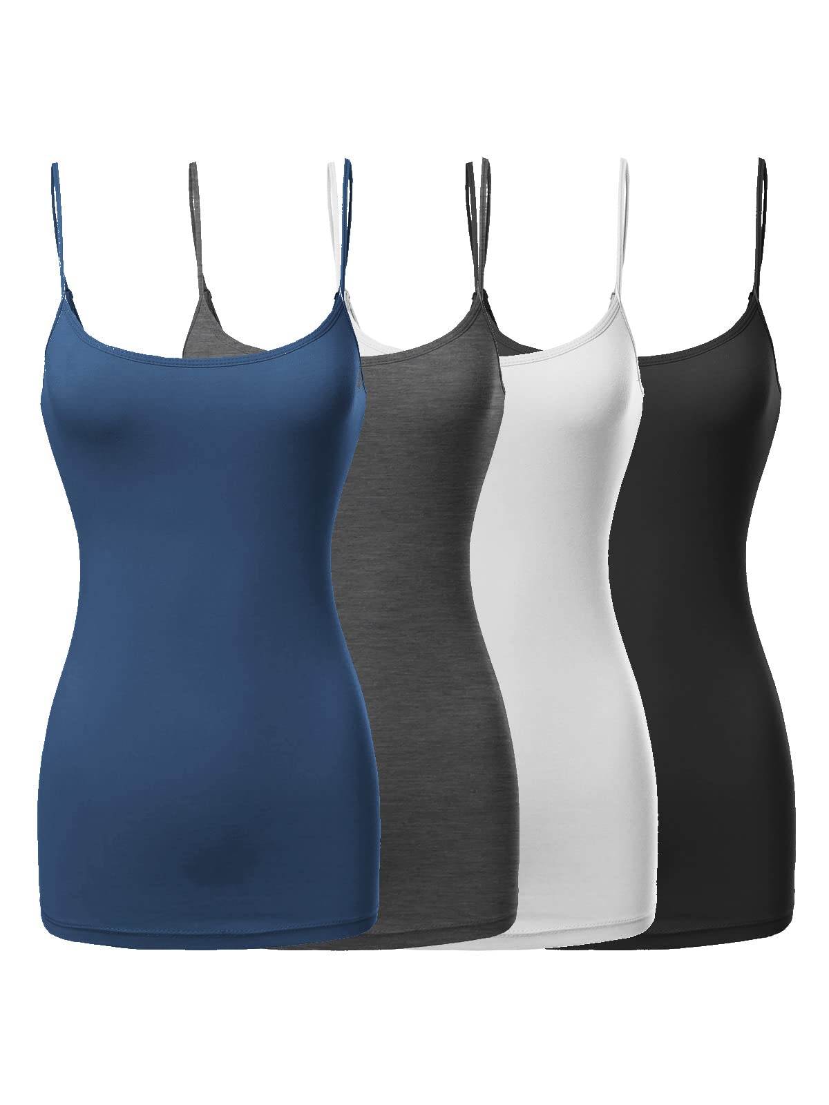 Made by Emma Women's Basic Solid Long Length Adjustable Spaghetti Strap Tank Top [4PACK]