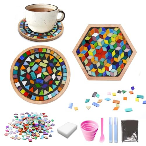 Nuyoach DIY Mosaic Tiles Crafts Kits for Adults, Mixed Stained Glass Mosaic Kit with 2 PCS Wooden Coaster Making Materials Package,Mosaic Adult Crafts for Women Beginners Handmade Home Decor Gifts