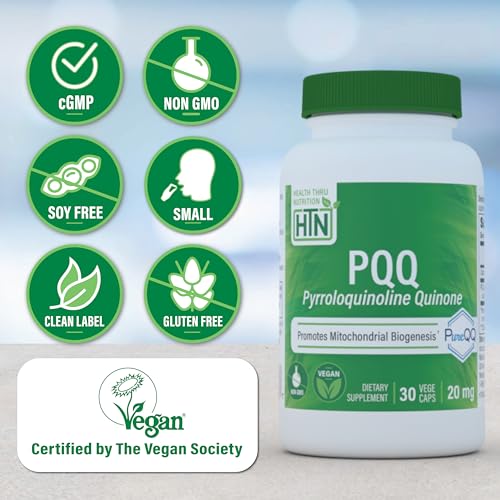 Image of Health Thru Nutrition PQQ 20mg 30 Servings Pyrroloquinoline Quinone as PureQQ | Promotes Mitochondrial Biogenesis | Certified Vegan | Non-GMO Gluten Soy Free Capsules| Clean Label PQQ Supplement