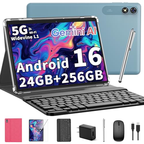 Image of 2026 10 Inch Tablet, Android 16 Tablet with Keyboard, Gemini AI, 24GB+256GB+2TB Expand, 2 in 1 Tablets with 8-Core, 5G WiFi, 8000mAh, GMS, GPS, Electronic Tablets PC with Mouse, Case, Stylus (Pink)