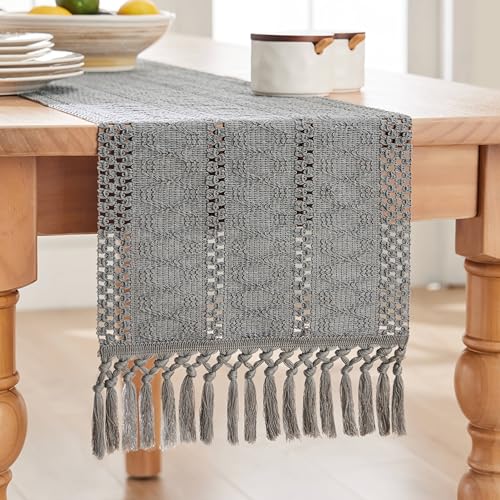 Image of ZeeMart Macrame Style Boho Table Runner, 12x90 Inch Grey | Woven Boho Table Runner with Handmade Tassels, Crochet Hollow Table Scarf, Farmhouse Kitchen Home Decor Dresser Runner