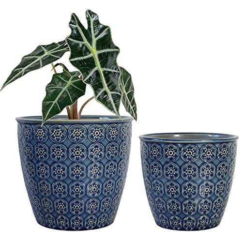 YFFSRJDJ Ceramic Planters for Indoor Plants with Drainage Hole, 6.0 inch + 4.7 inch Pots for Plants, Relief Ice Cracked Glaze Ceramic Flower Pot, Set of 2 (Blue)