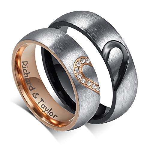 MEALGUET Personalized Name Stainless Steel His & Hers Matching Heart Couples Wedding Band Customized Promise Engagement Ring for him