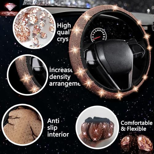 Image of NBTEPEM 27 PCs Gold Champagne Bling Car Accessories Set for Women, Steering Wheel Covers Universal Fit 15 Inch, Bling License Plate Frame, Bling Phone Holder, Bling Car Coasters