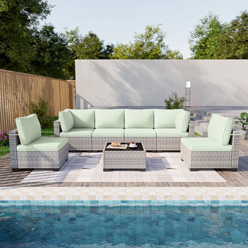 Image of Outdoor PE Wicker Rattan Modular Patio Sectional Sofa Set | 7-Piece: 6 Modular Seats & Coffee Table with Thick Cushions, Light Green
